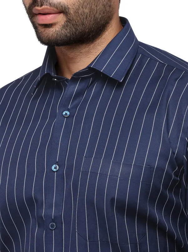 Navy Blue & White Striped Regular Fit Formal Shirt | Greenfibre