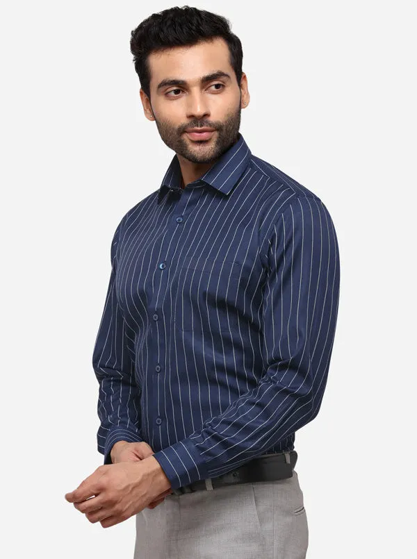 Navy Blue & White Striped Regular Fit Formal Shirt | Greenfibre