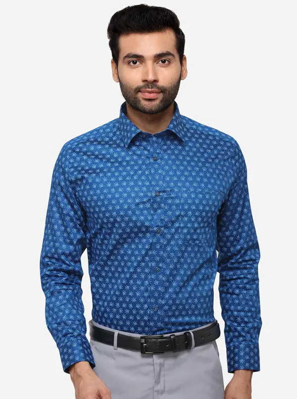 Navy Blue Printed Slim Fit Formal Shirt | Greenfibre