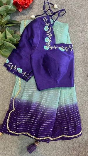 Ombre blue chiffon saree with hand work blouse