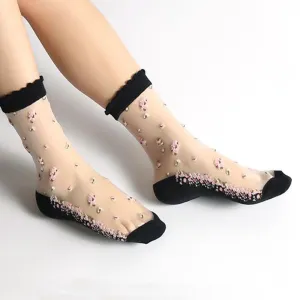 Pair Breathable Ultra Thin Transparent Silk Crystal Rose Flower Sock Slippers