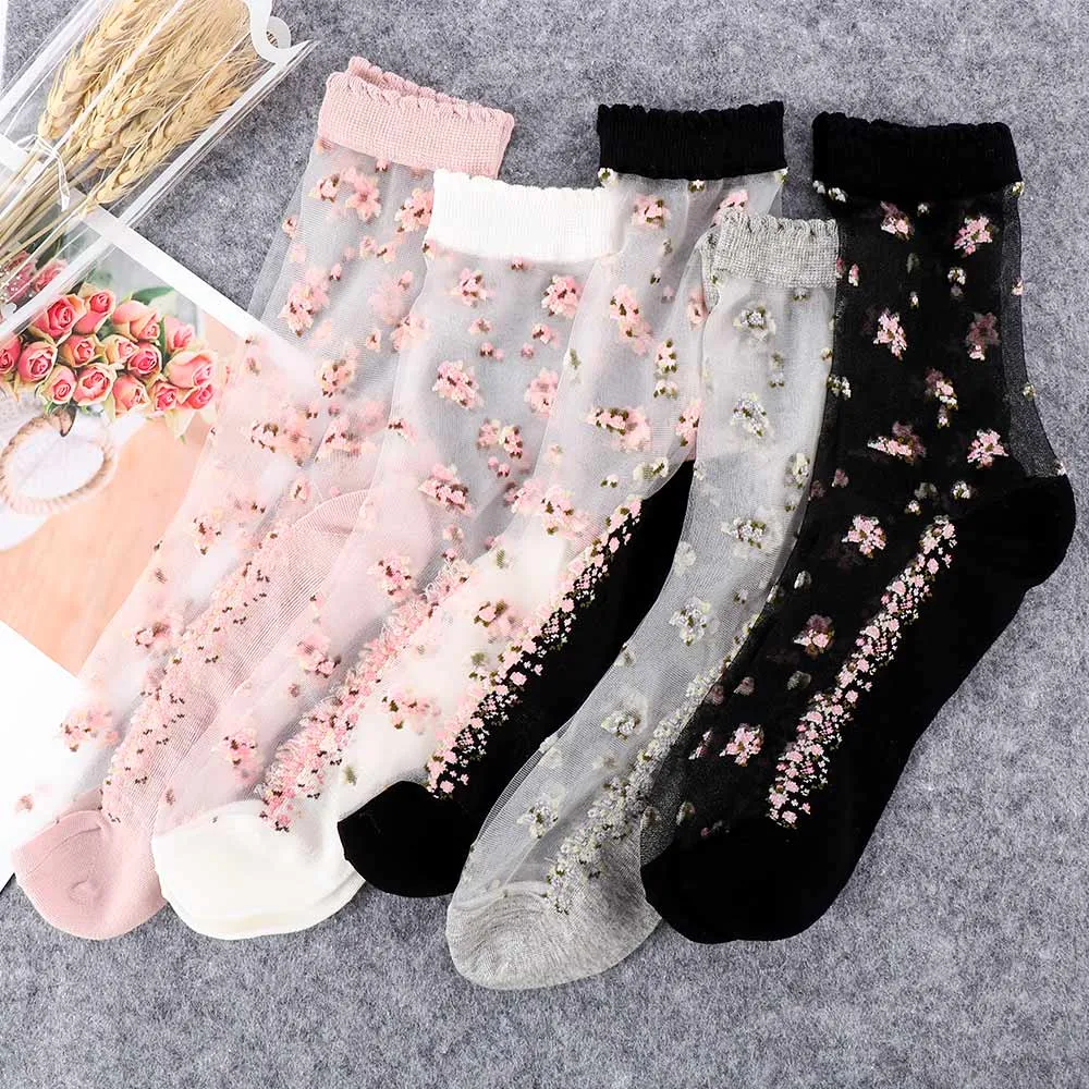 Pair Breathable Ultra Thin Transparent Silk Crystal Rose Flower Sock Slippers