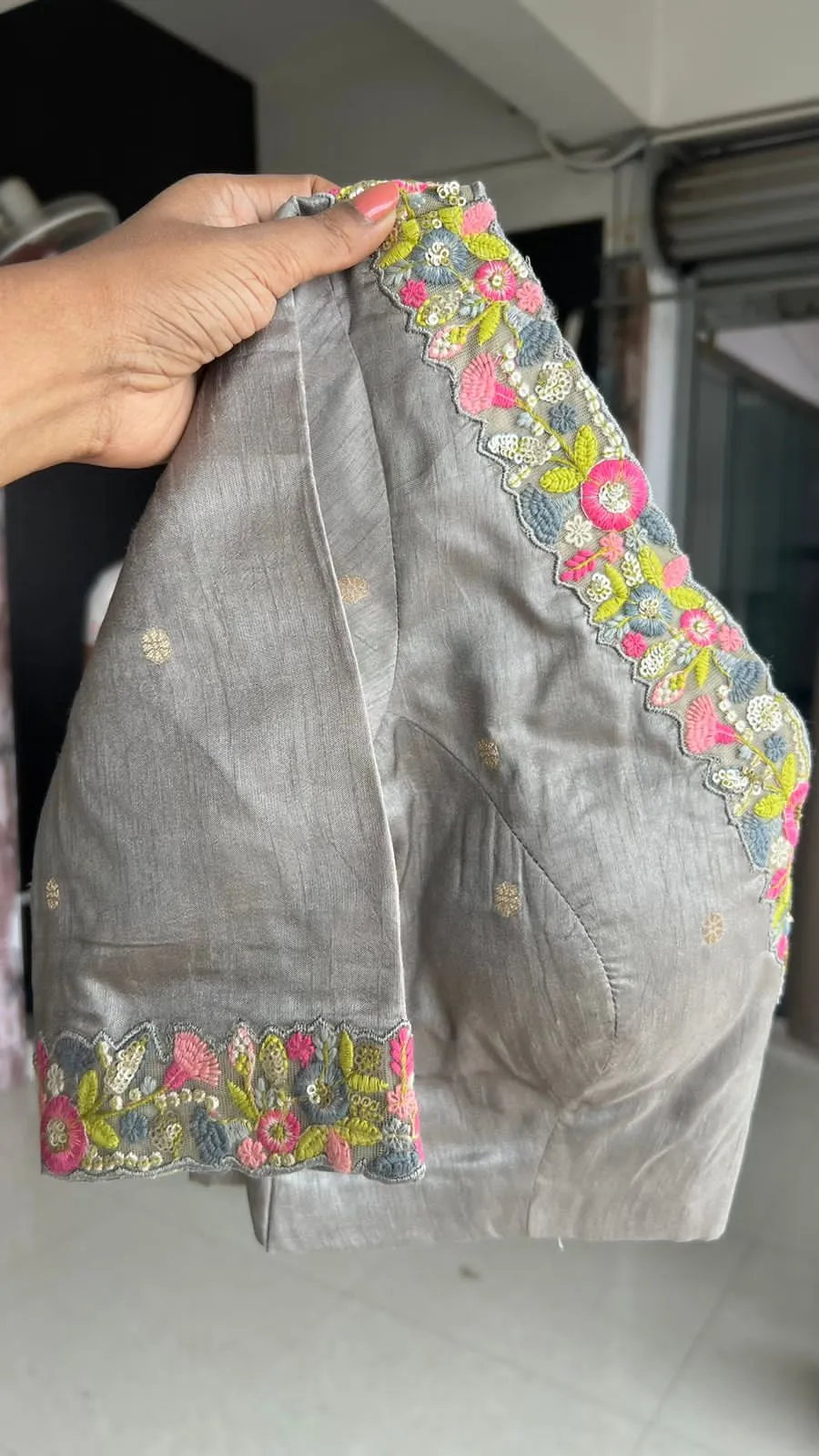 Pink grey chanderi saree with grey hand made blouse