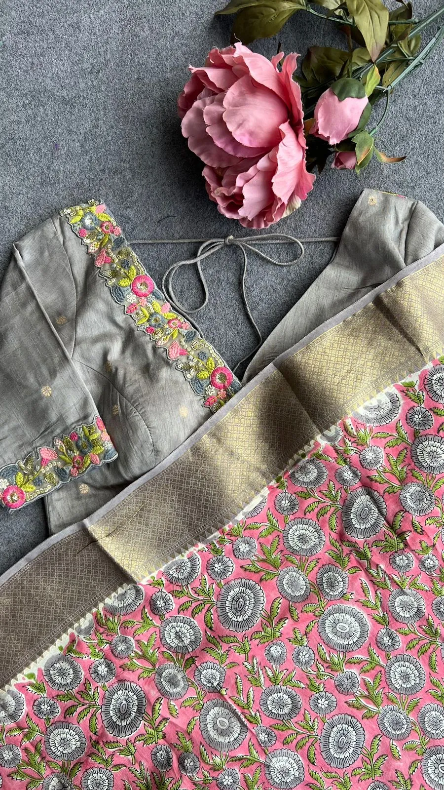 Pink grey chanderi saree with grey hand made blouse