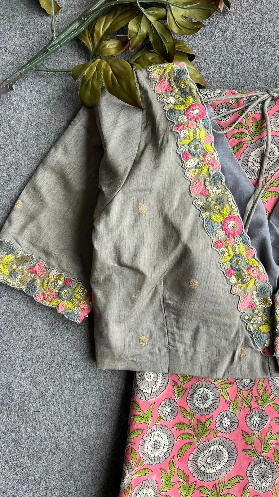 Pink grey chanderi saree with grey hand made blouse