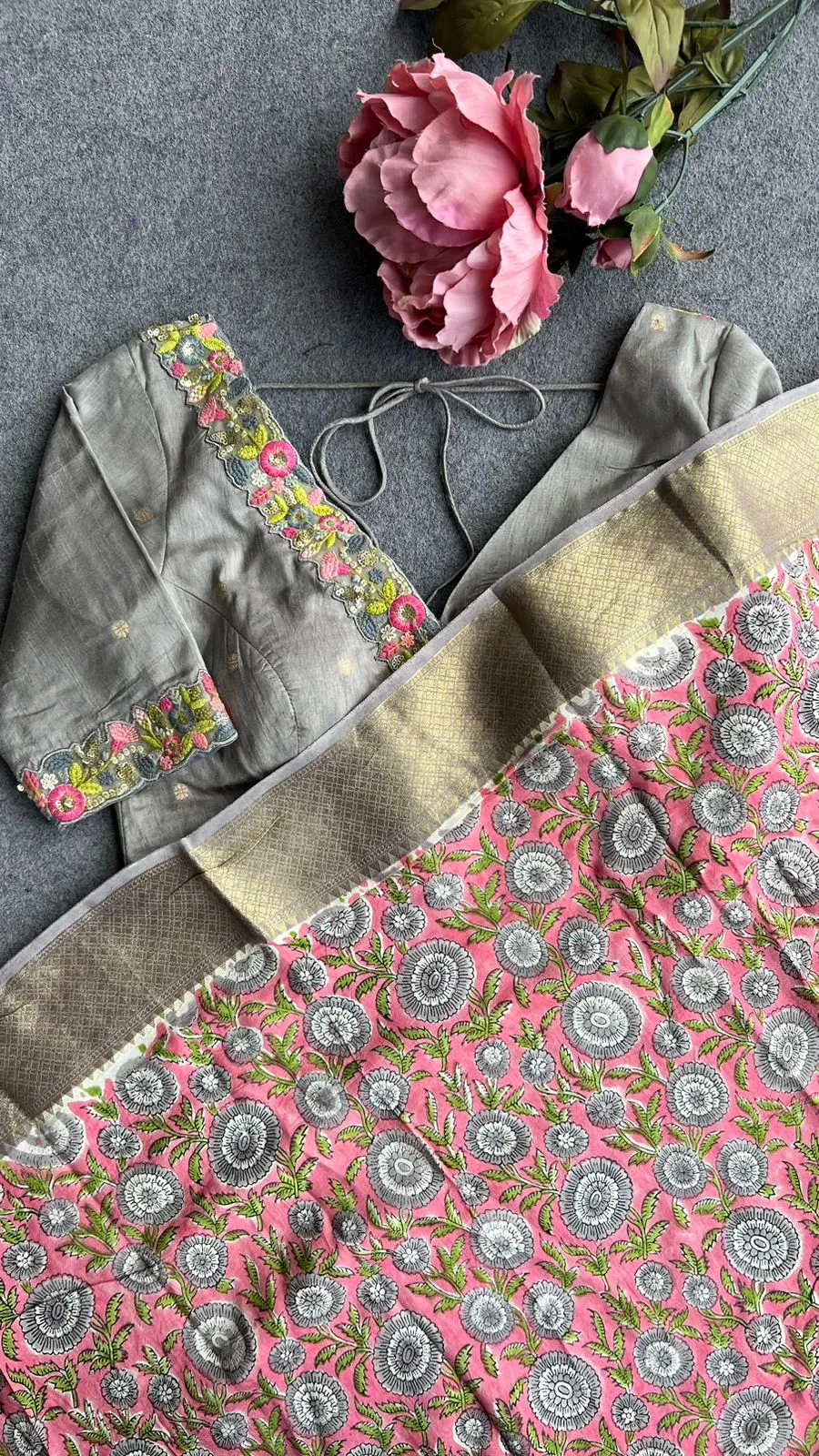 Pink grey chanderi saree with grey hand made blouse