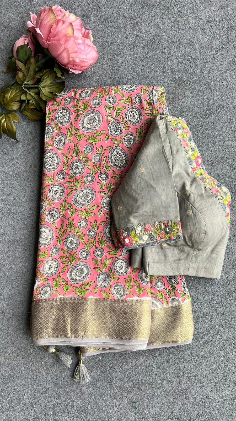 Pink grey chanderi saree with grey hand made blouse