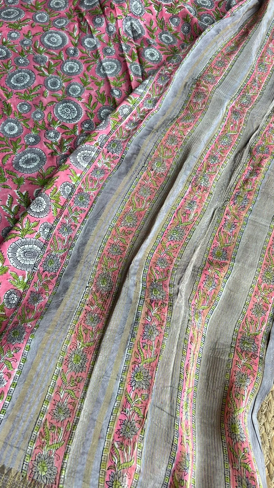 Pink grey chanderi saree with grey hand made blouse