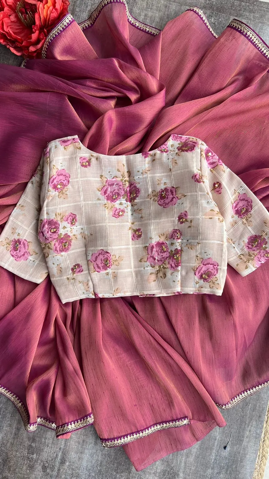 Pink soft tissue saree with cotton embroidery blouse