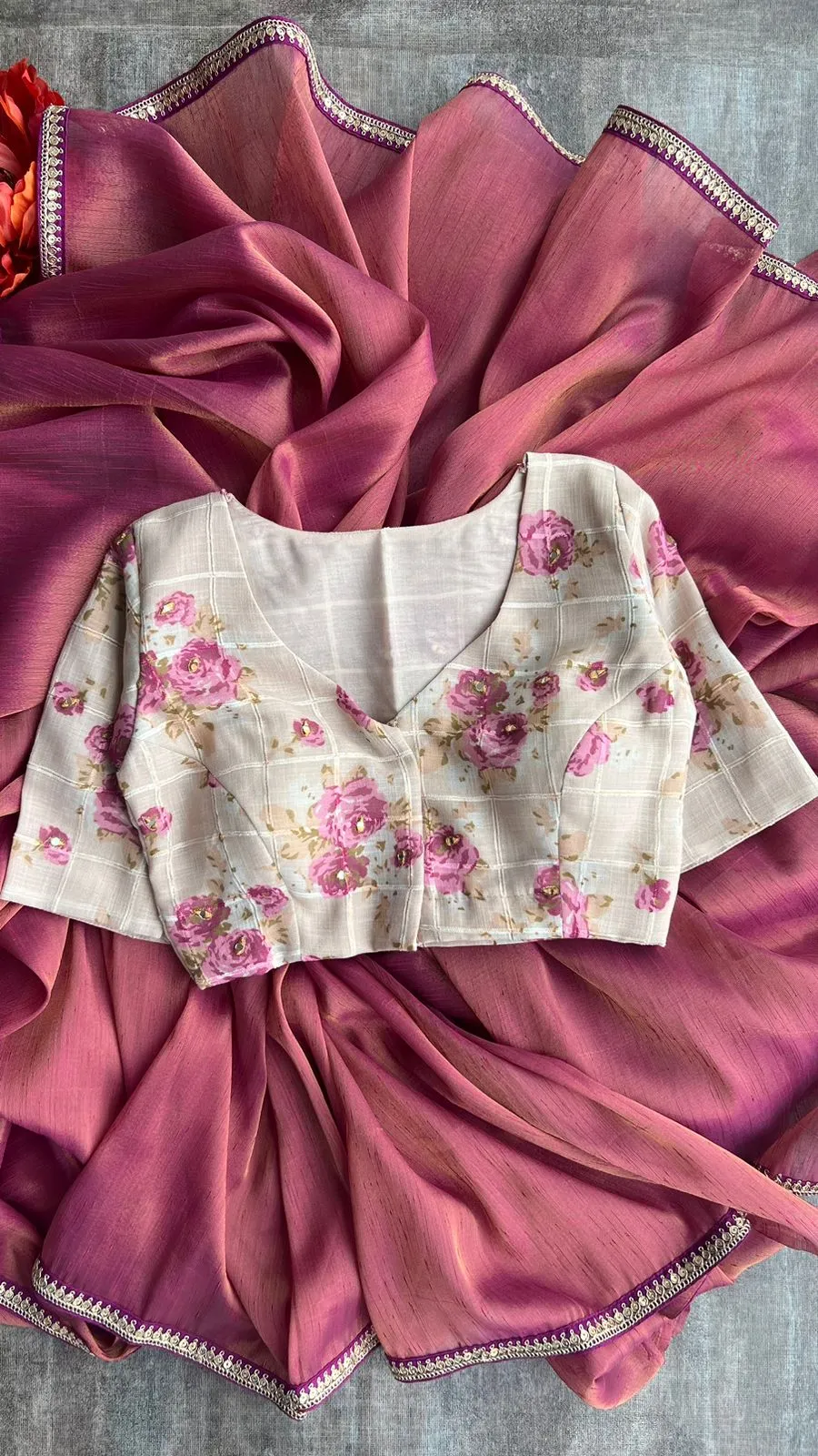 Pink soft tissue saree with cotton embroidery blouse