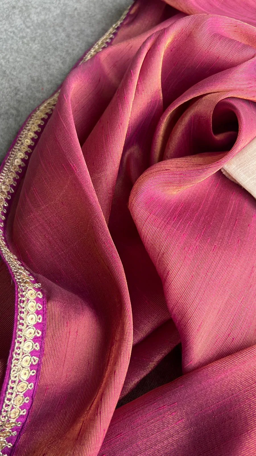 Pink soft tissue saree with cotton embroidery blouse