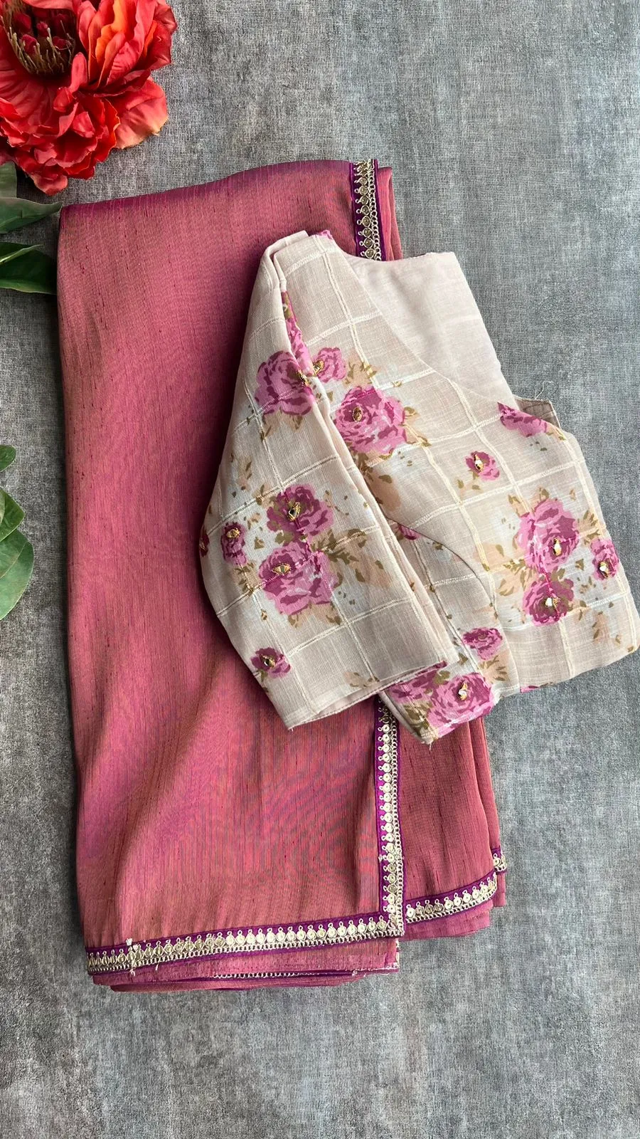 Pink soft tissue saree with cotton embroidery blouse