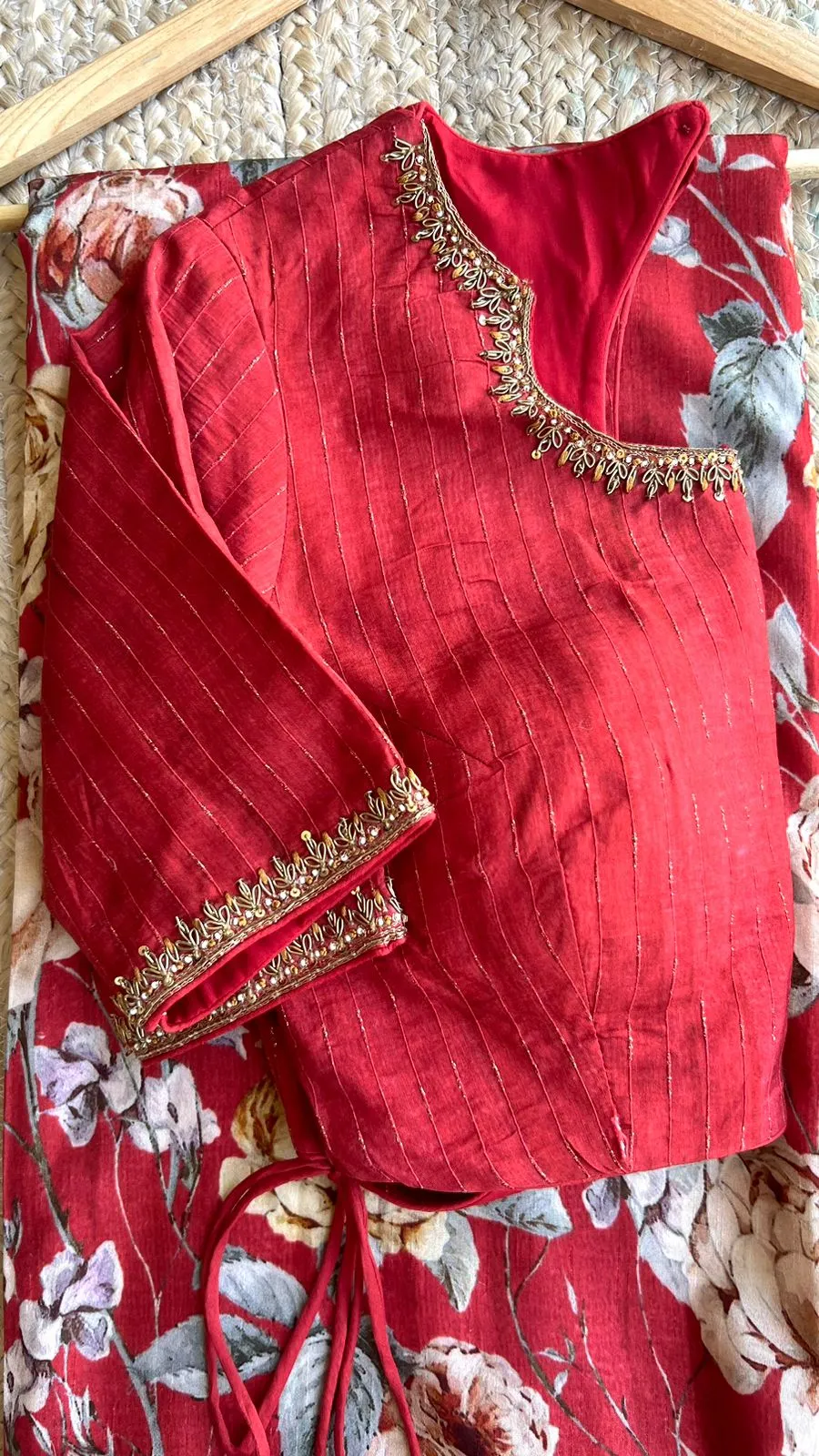 Printed organza saree with maroon handwork blouse