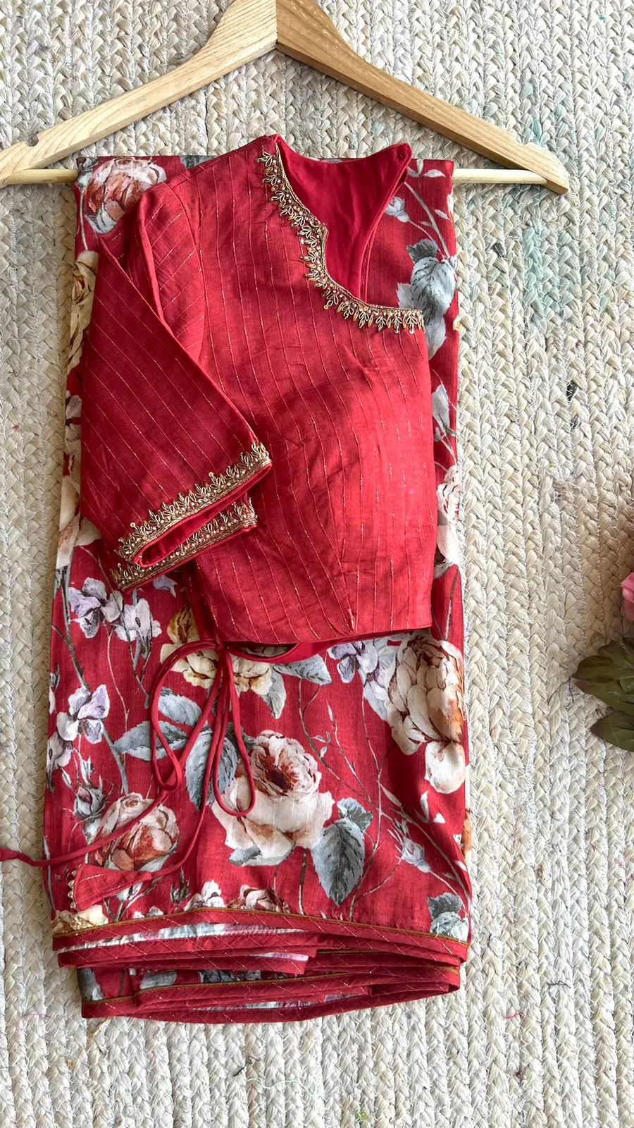 Printed organza saree with maroon handwork blouse