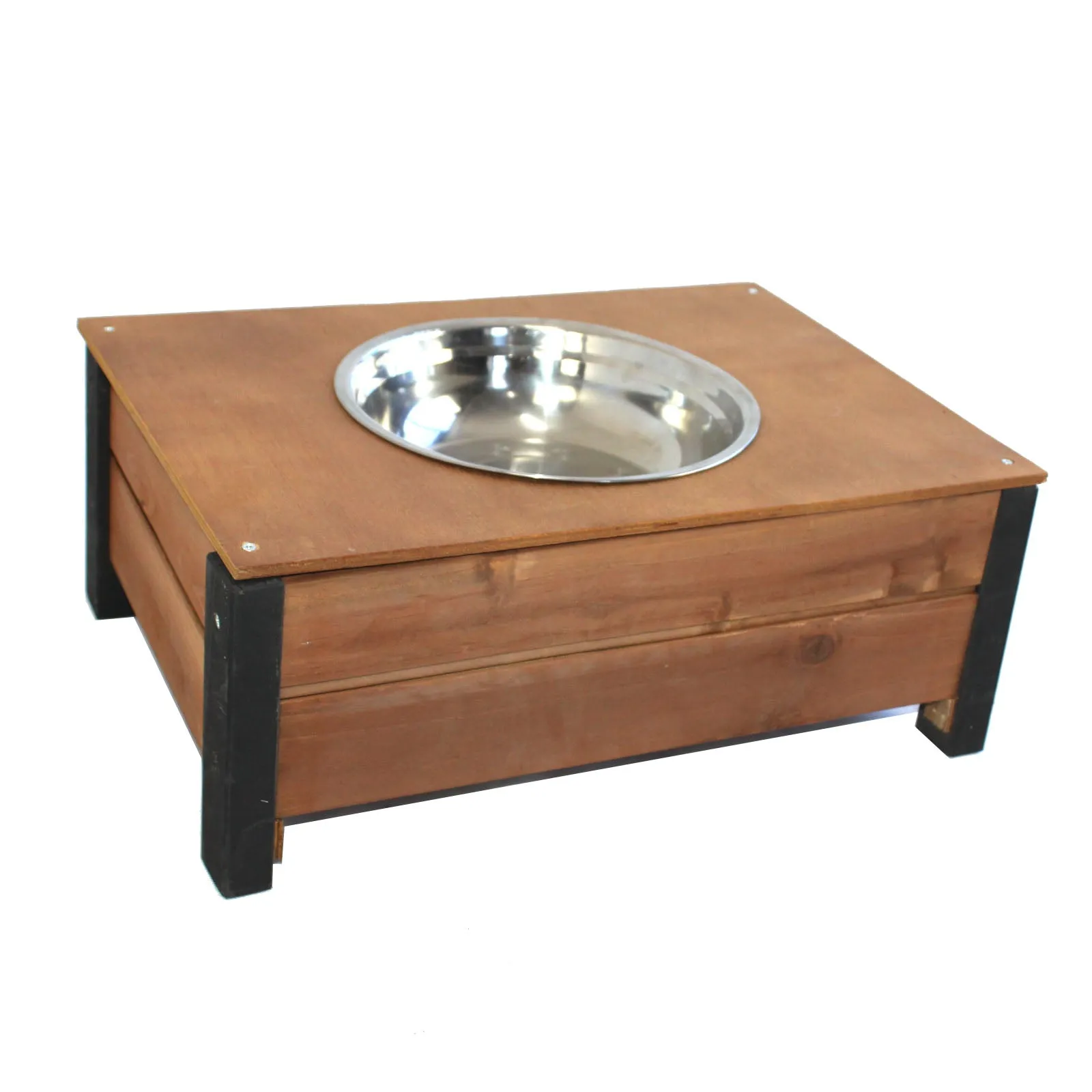 Raised Dog Food Bowl Stainless Steel 23cm With Wooden Holder