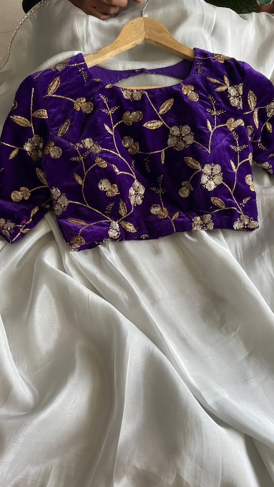 Silver tissue saree with velvet embroidery blouse