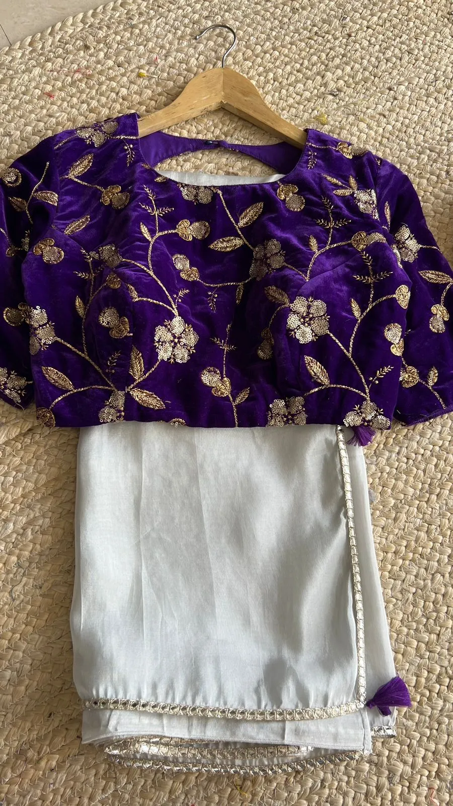 Silver tissue saree with velvet embroidery blouse