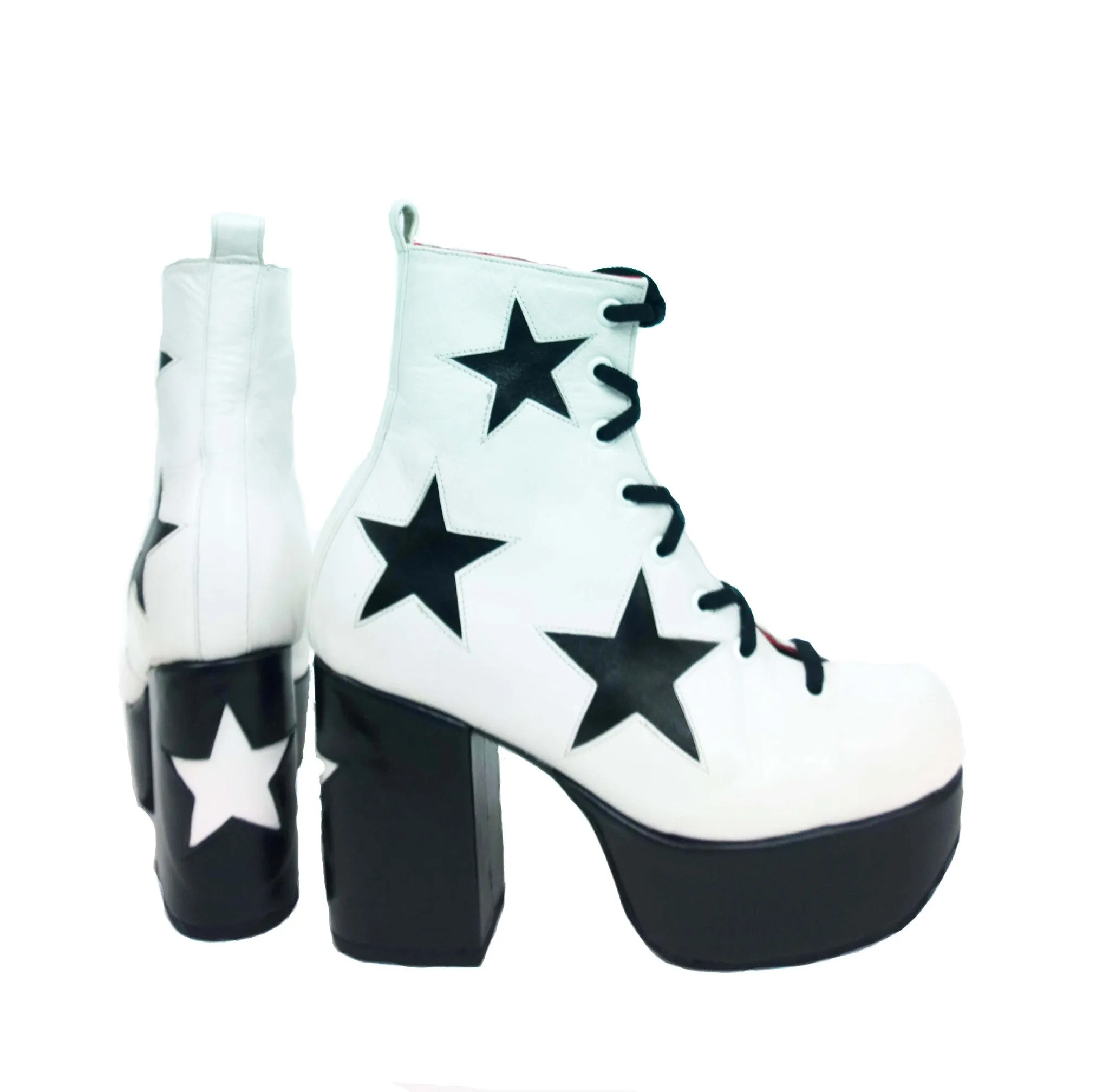 STARDUST Platform Ankle Boots - White with Black Stars