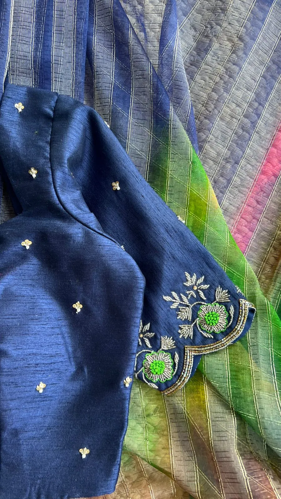 Tissue organza saree with blue hand worked blouse