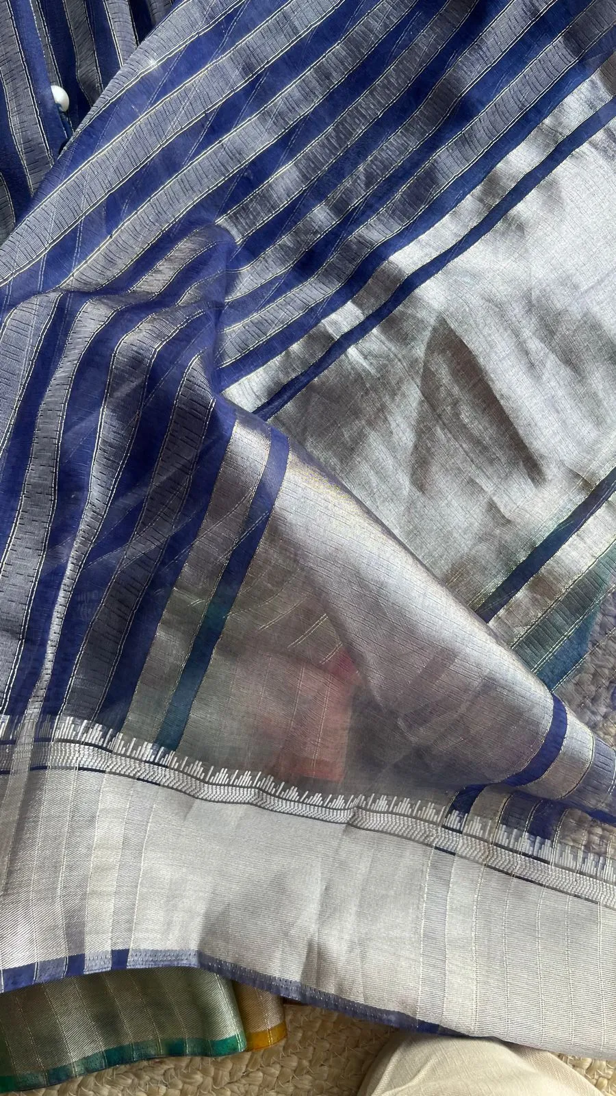 Tissue organza saree with blue hand worked blouse