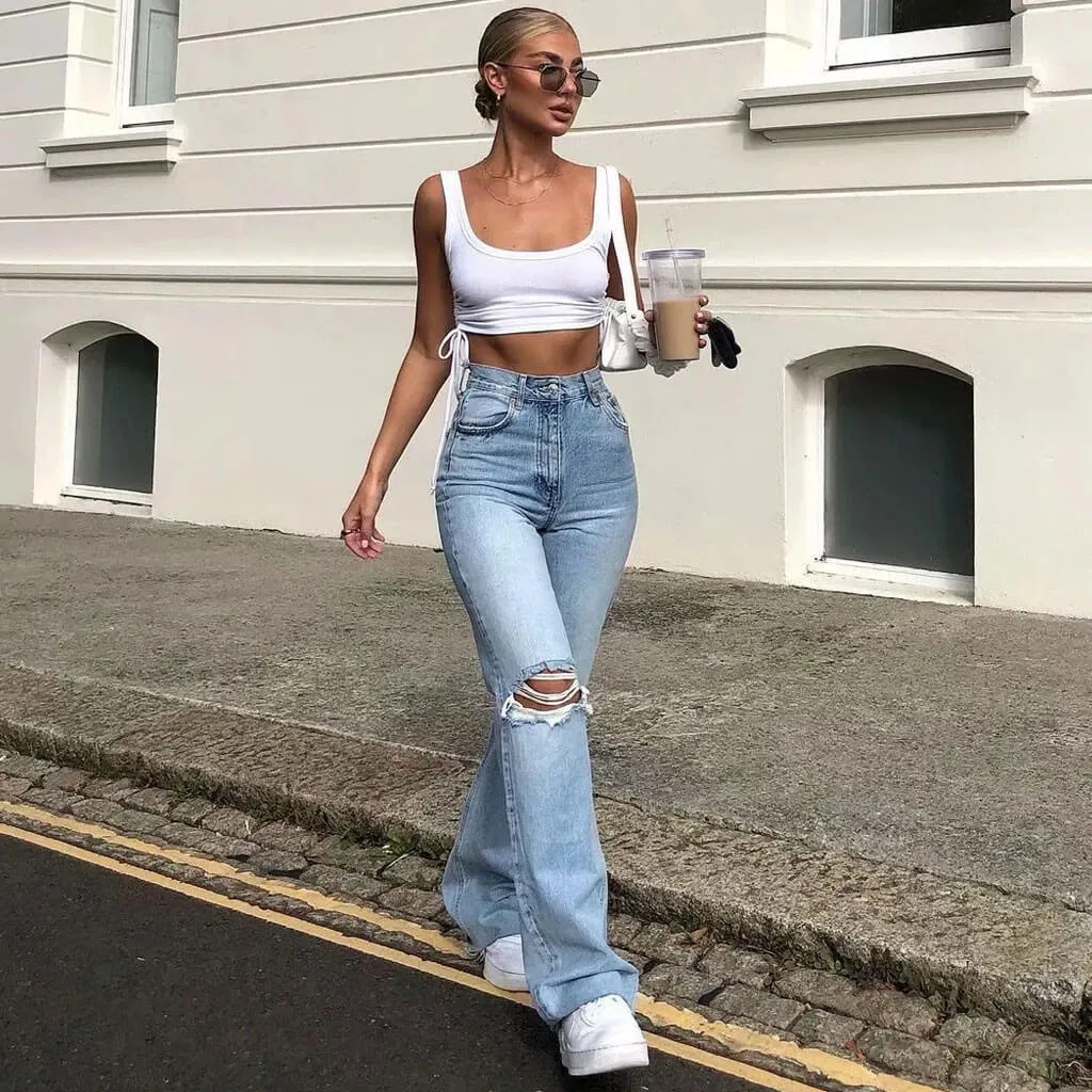 Trendy High Waist Wide Leg Ripped Boyfriend Jeans - Light Blue