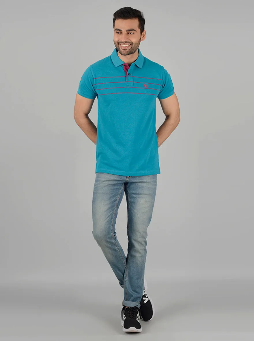 Turquoise Blue Striped Slim Fit Polo T-Shirt | Greenfibre