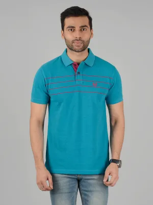 Turquoise Blue Striped Slim Fit Polo T-Shirt | Greenfibre