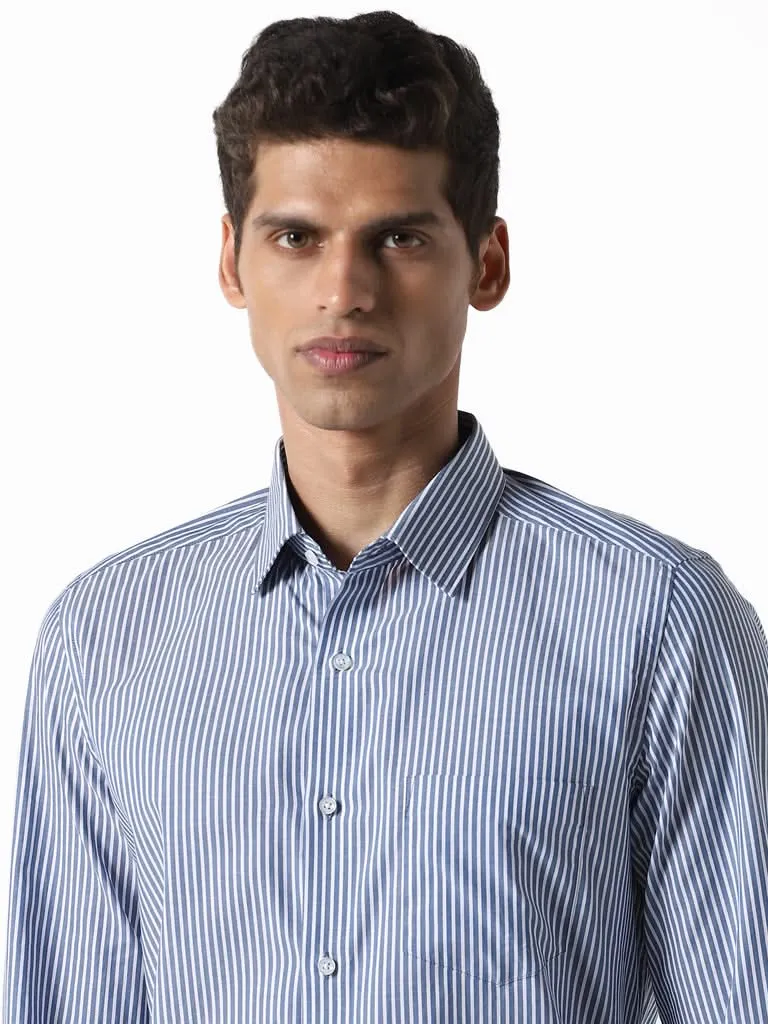 WES Formals Striped Navy Cotton Slim-Fit Shirt