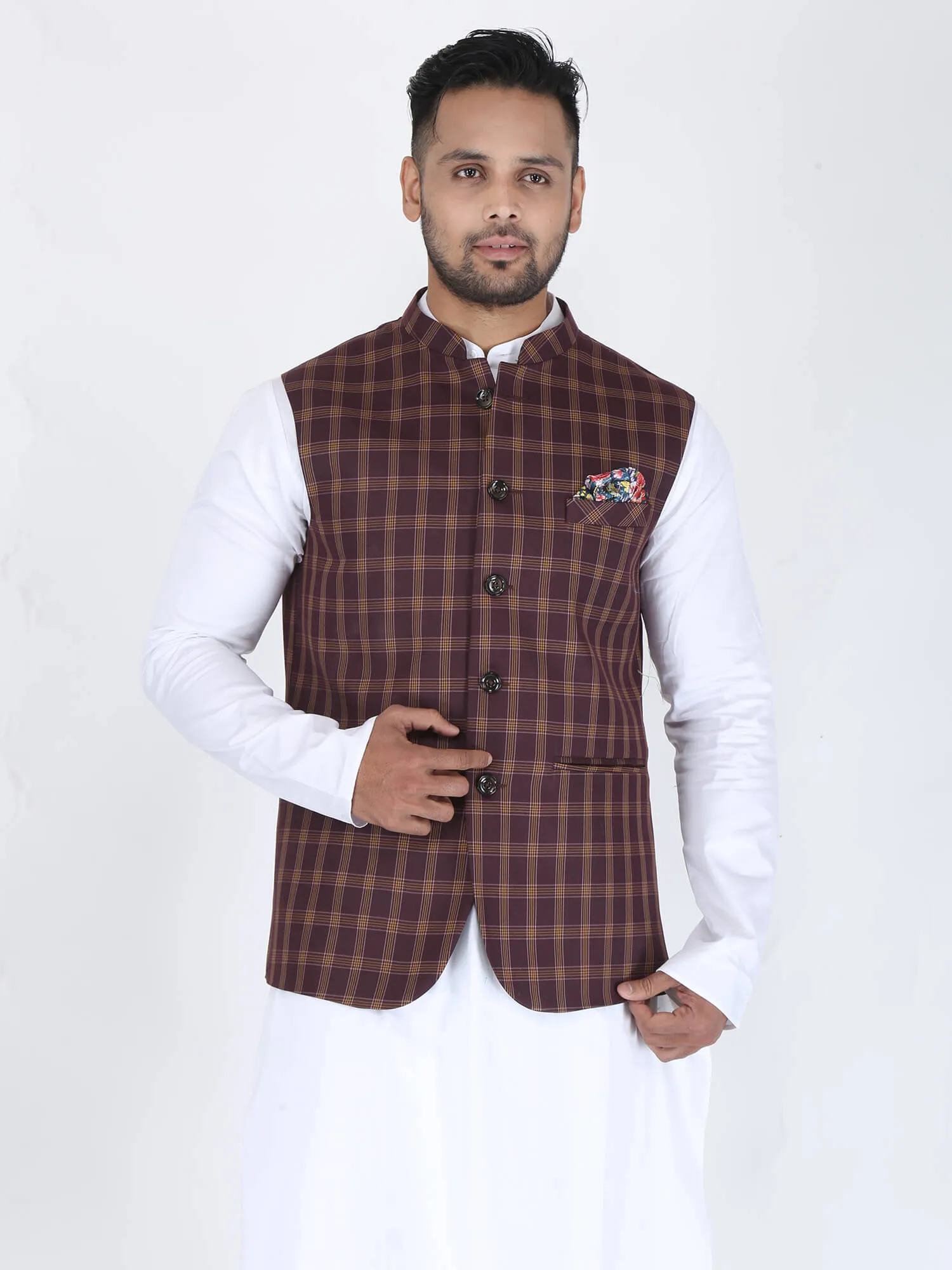 Wine Checks Formal Nehru Jacket