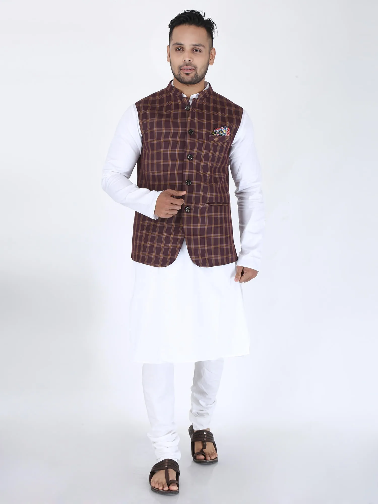 Wine Checks Formal Nehru Jacket