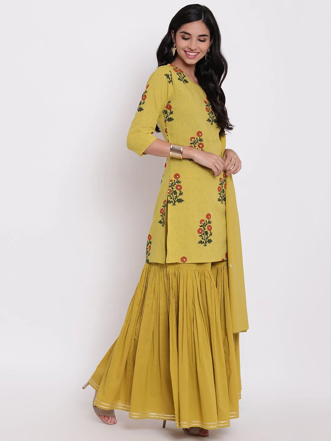 Women'S Lemon Yellow Cotton Sharara Kurta Set With Dupatta