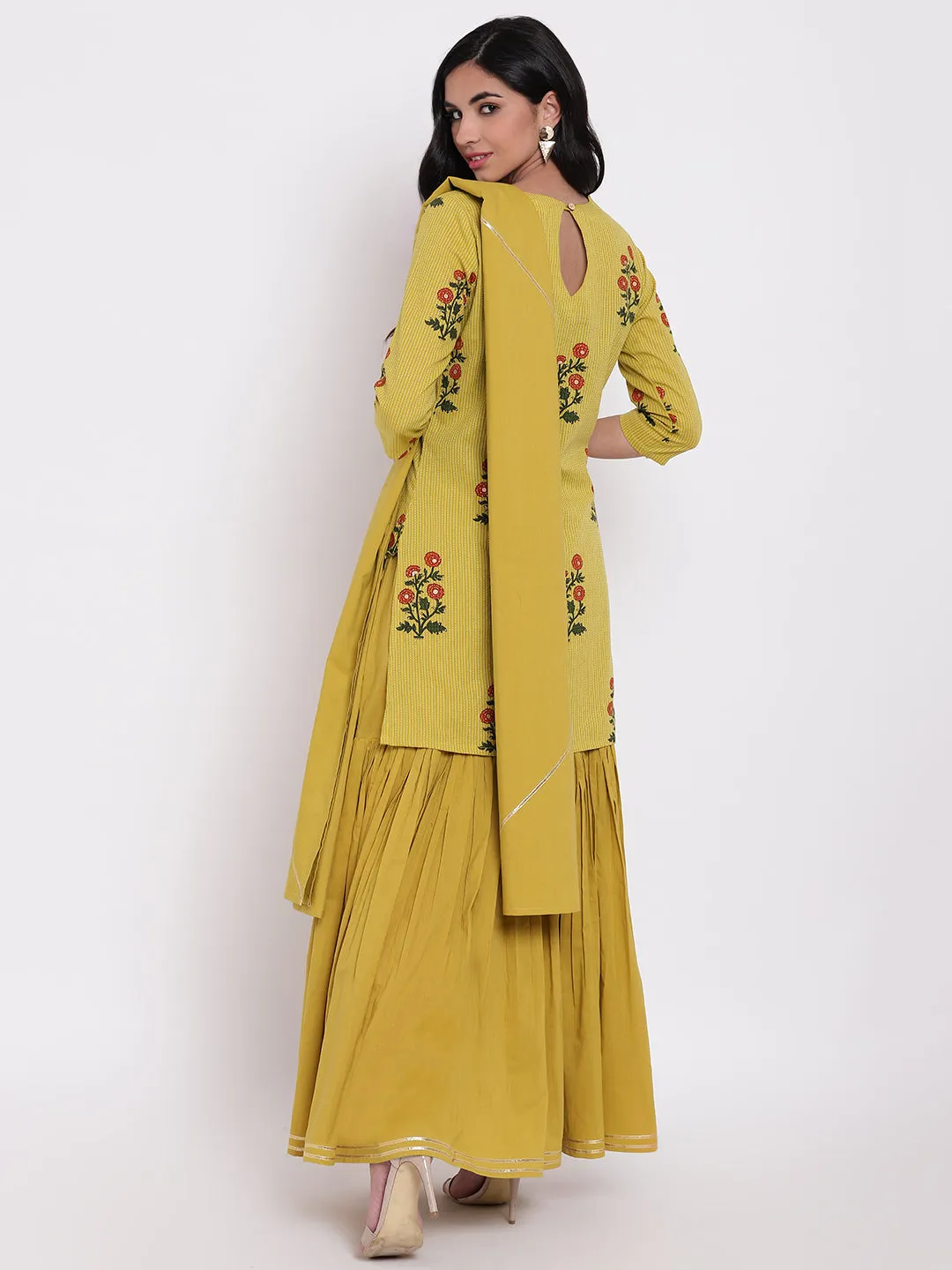 Women'S Lemon Yellow Cotton Sharara Kurta Set With Dupatta