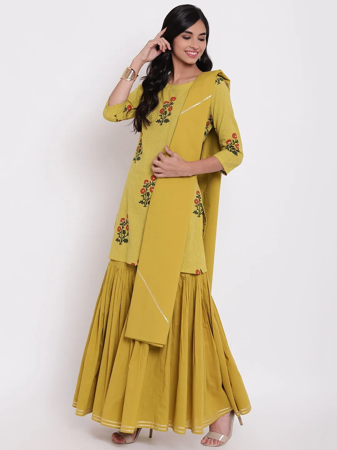 Women'S Lemon Yellow Cotton Sharara Kurta Set With Dupatta