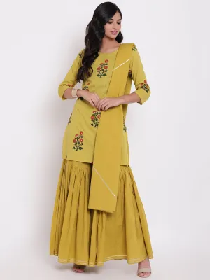 Women'S Lemon Yellow Cotton Sharara Kurta Set With Dupatta