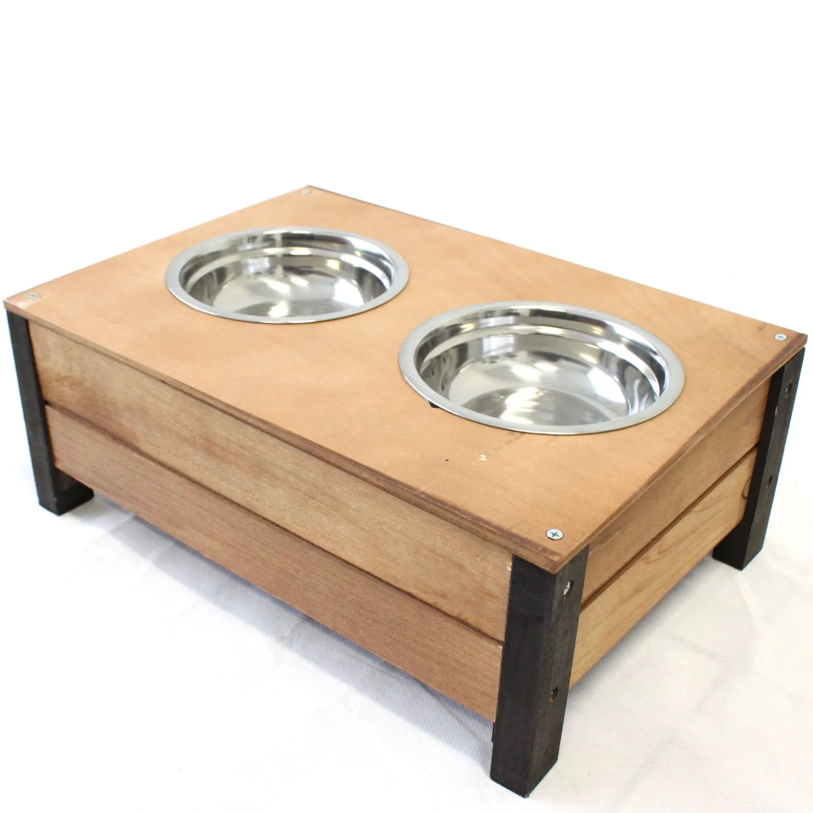 Wooden Food Bowl Holder   Two 18cm Stainless Steel Bowls