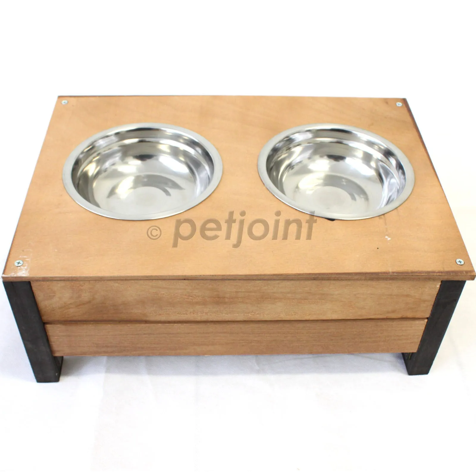 Wooden Food Bowl Holder   Two 18cm Stainless Steel Bowls