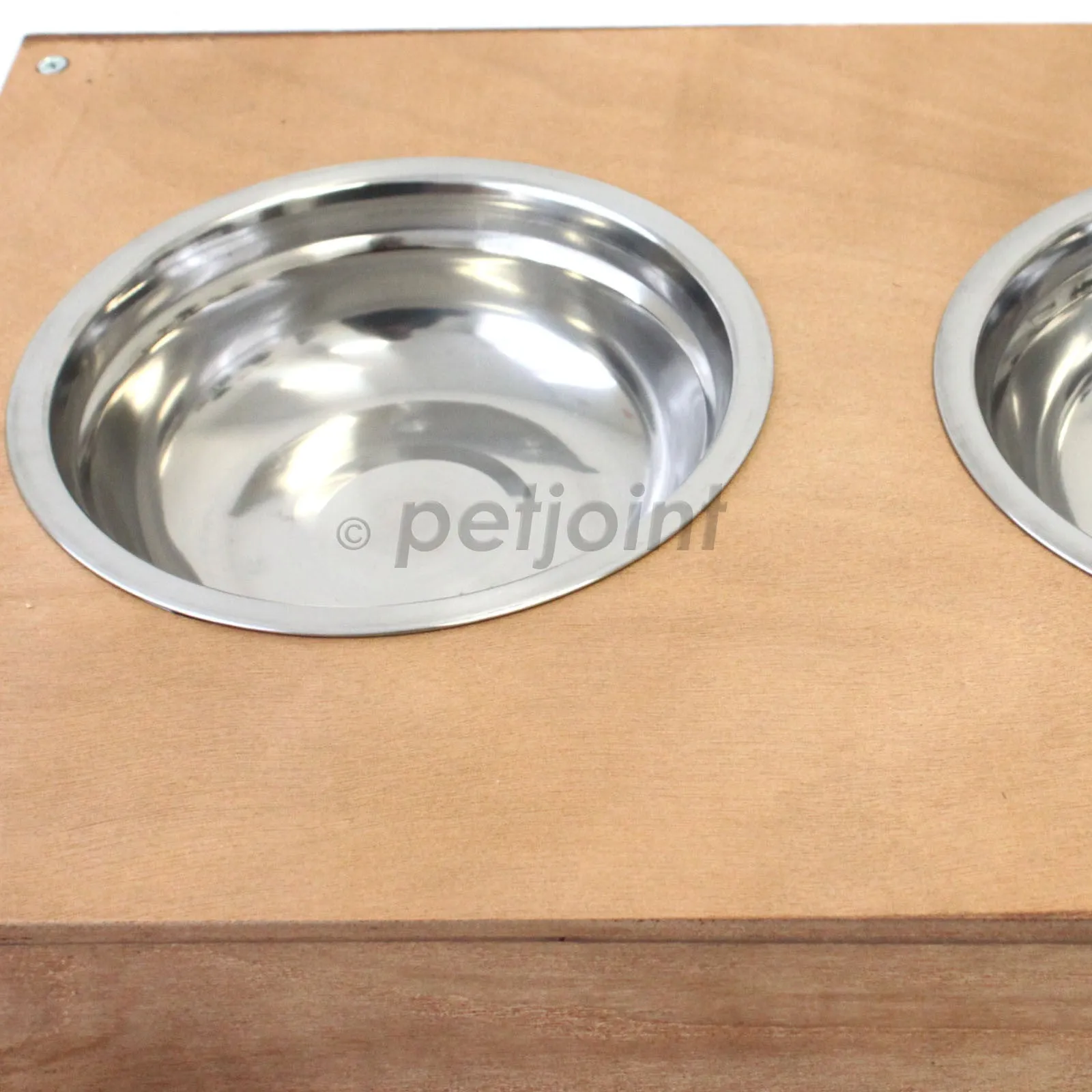 Wooden Food Bowl Holder   Two 18cm Stainless Steel Bowls