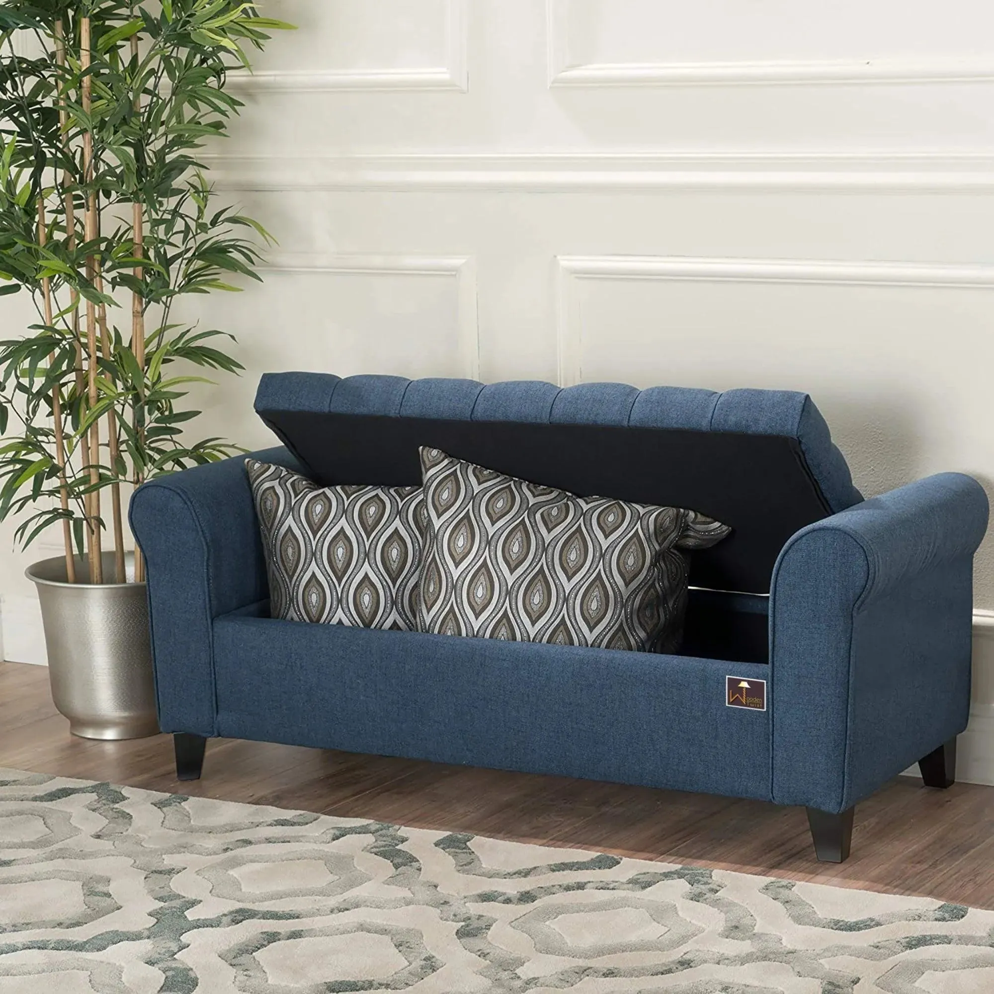 Wooden Twist Zamansız Button Tufted Design Premium Wood 2 Seater Storage Bench (Blue)