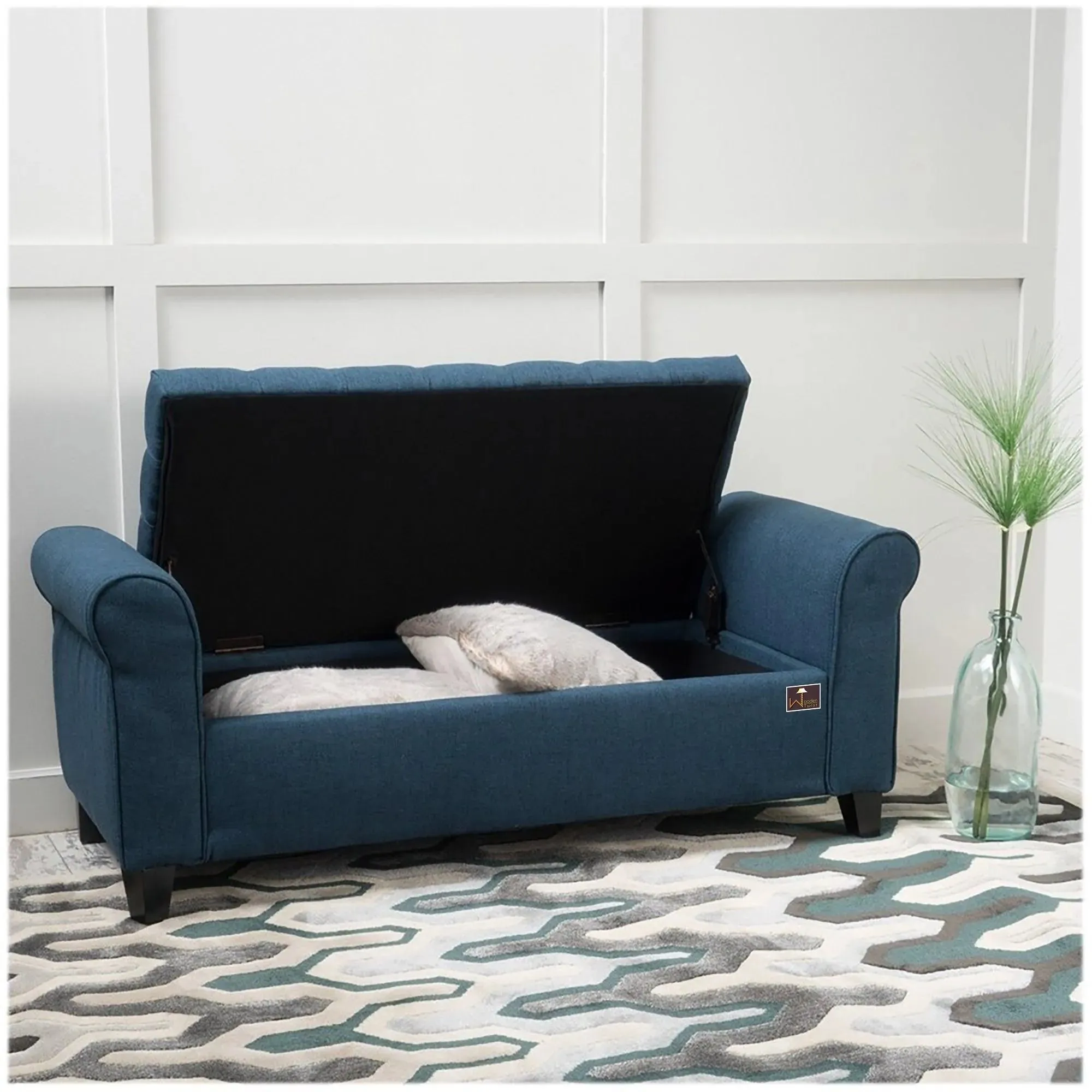 Wooden Twist Zamansız Button Tufted Design Premium Wood 2 Seater Storage Bench (Blue)